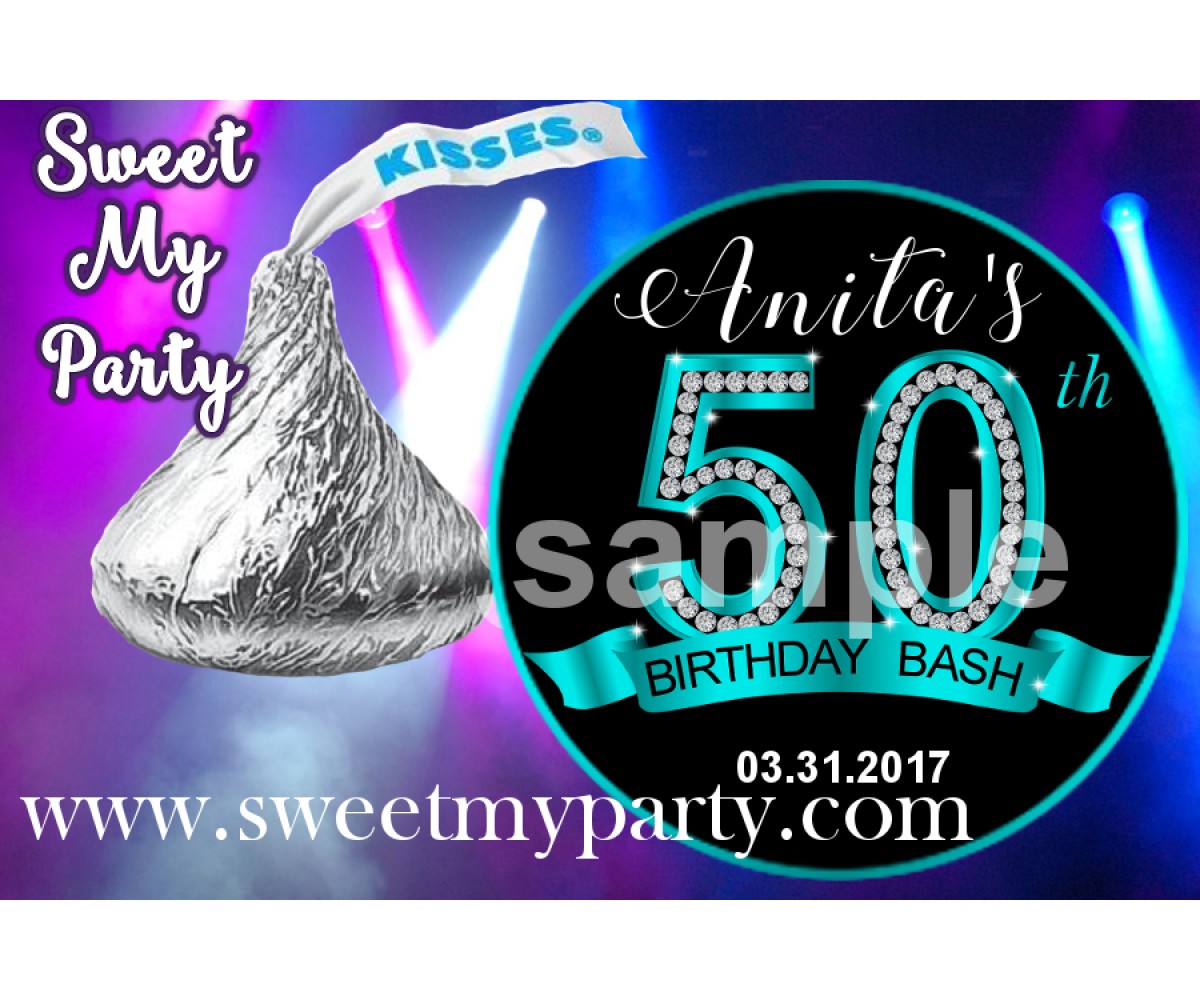 50th Birthday Hershey Kisses Stickers,Turquoise Diamonds 50th Birthday kisses stickers,(16ab)